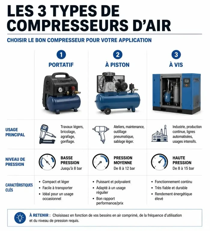 Infographie comparative des types de compresseurs d'air et leurs usages