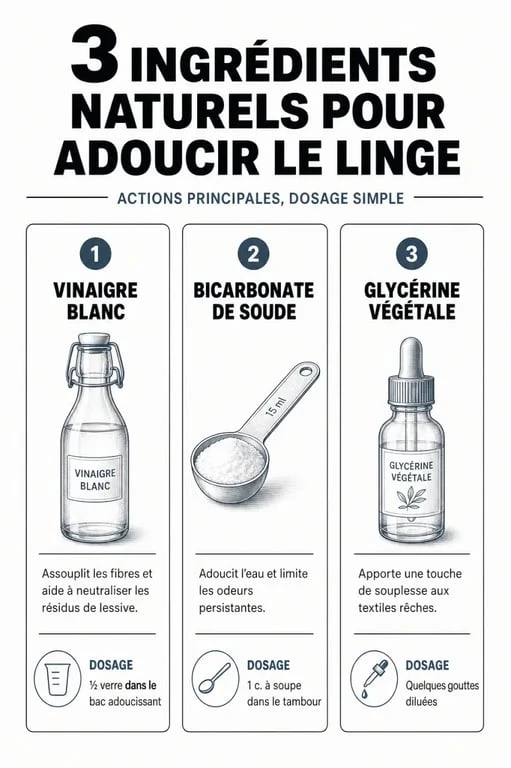 Infographie des ingrédients naturels pour avoir des serviettes de toilette moelleuses sans sèche-linge
