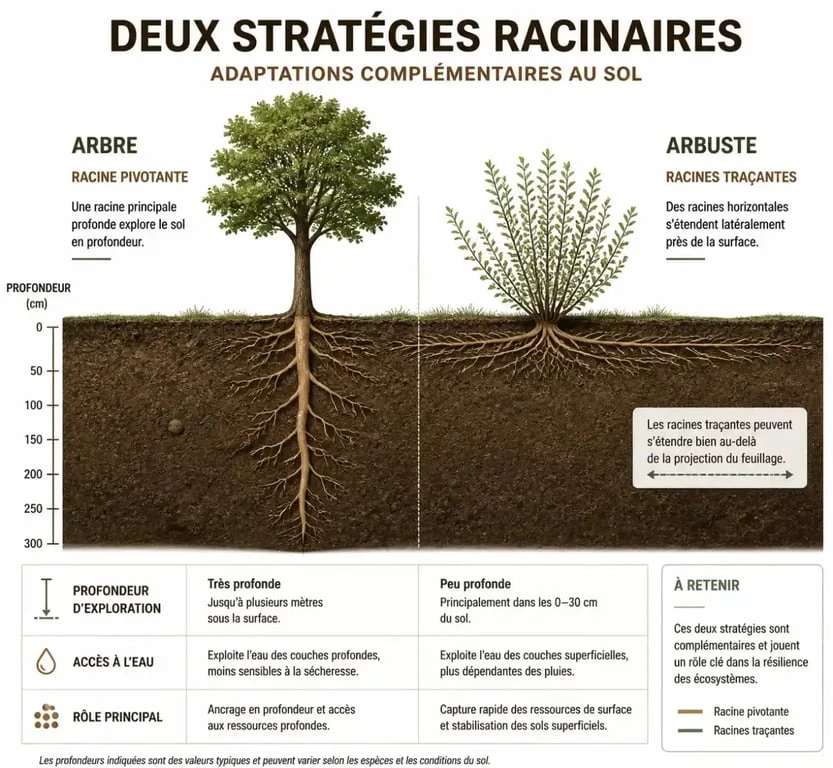 Schéma comparatif des systèmes racinaires pour aider à enlever des racines profondes