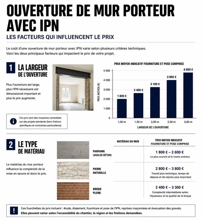 Infographie des prix et facteurs de coût pour l'ouverture d'un mur porteur avec IPN