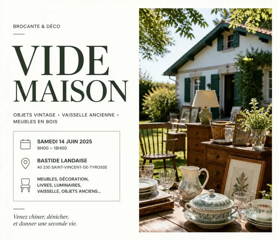 Vide maison dans les Landes : objets vintage et brocante dans un jardin typique.