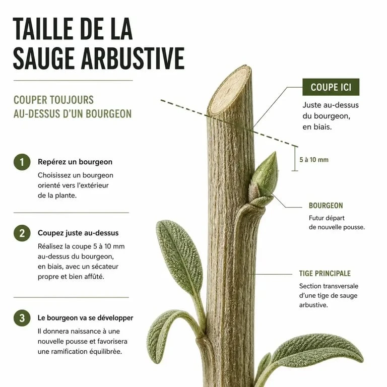 Schéma illustrant la technique pour tailler les sauges arbustives au bon endroit
