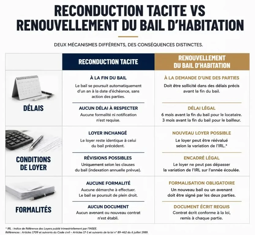 Infographie comparative : reconduction tacite vs renouvellement de bail 3 ans