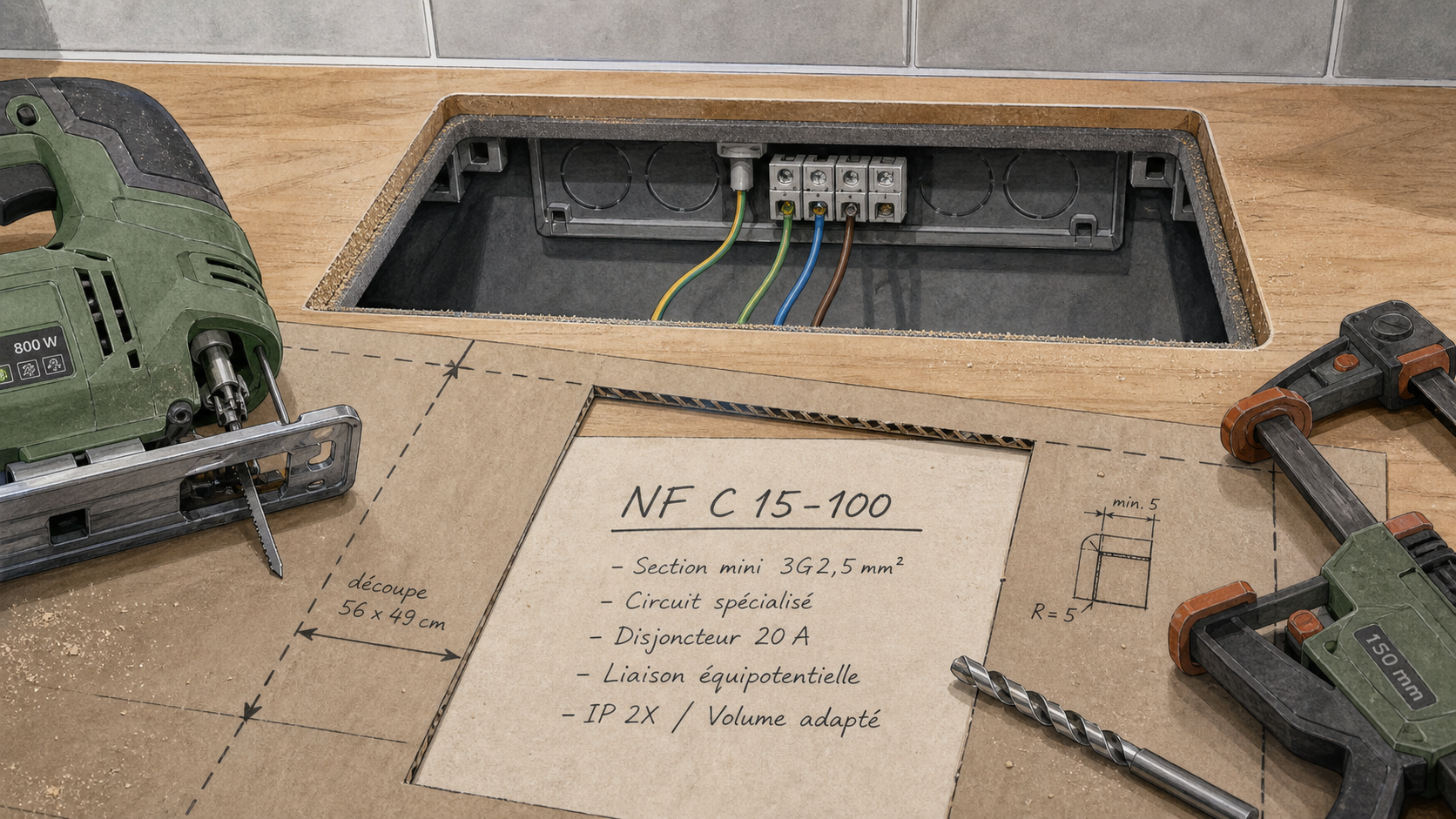Installation d'une plaque induction : découpe 56x49 et câblage