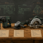 outillage portatif cinq outils sur établi