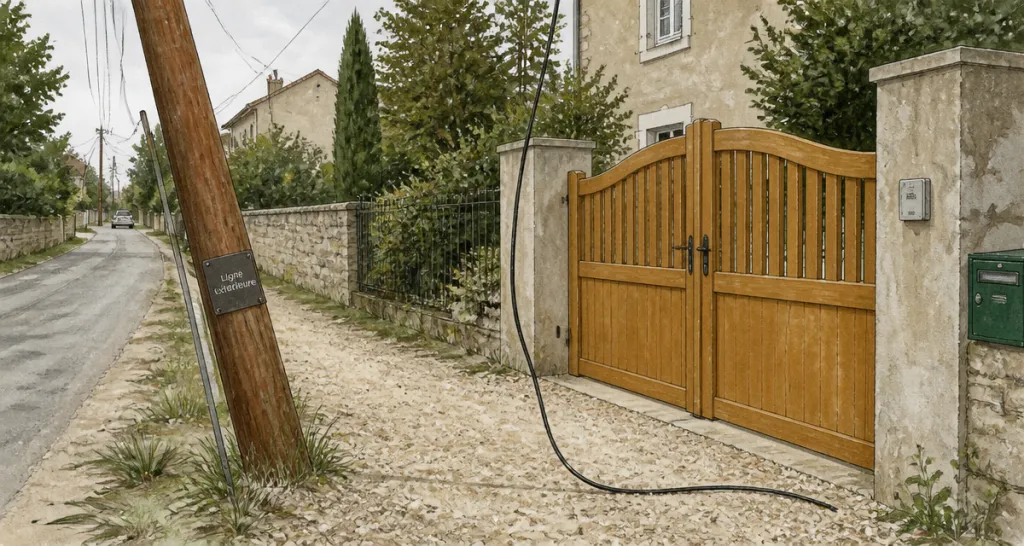 réparation ligne téléphonique extérieure câble au sol devant maison