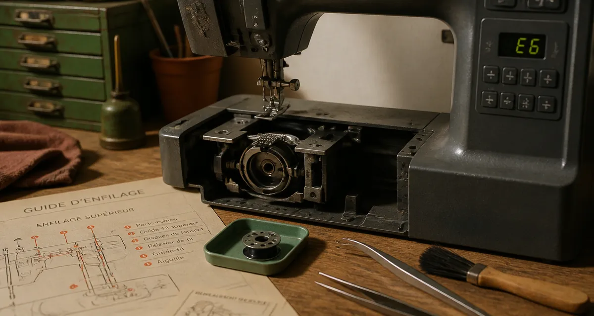 Réparer machine à coudre Brother : ouvrir la machine et vérifier la canette et l’enfilage