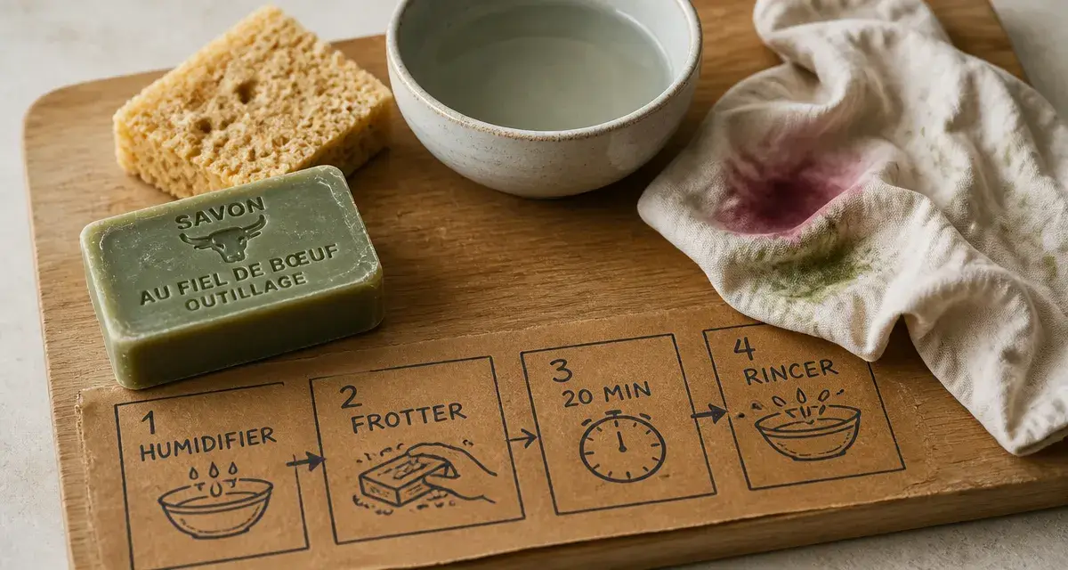 Savon fiel de boeuf utilisation : humidifier, frotter 20 min, rincer