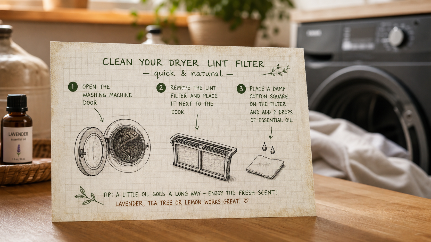 Astuce bonne odeur sèche-linge : filtre peluches et huile essentielle