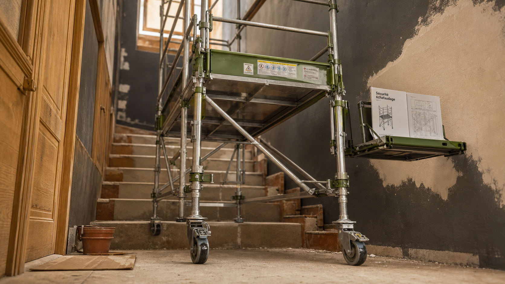 Astuce echafaudage escalier : vérins réglés et garde-corps en place