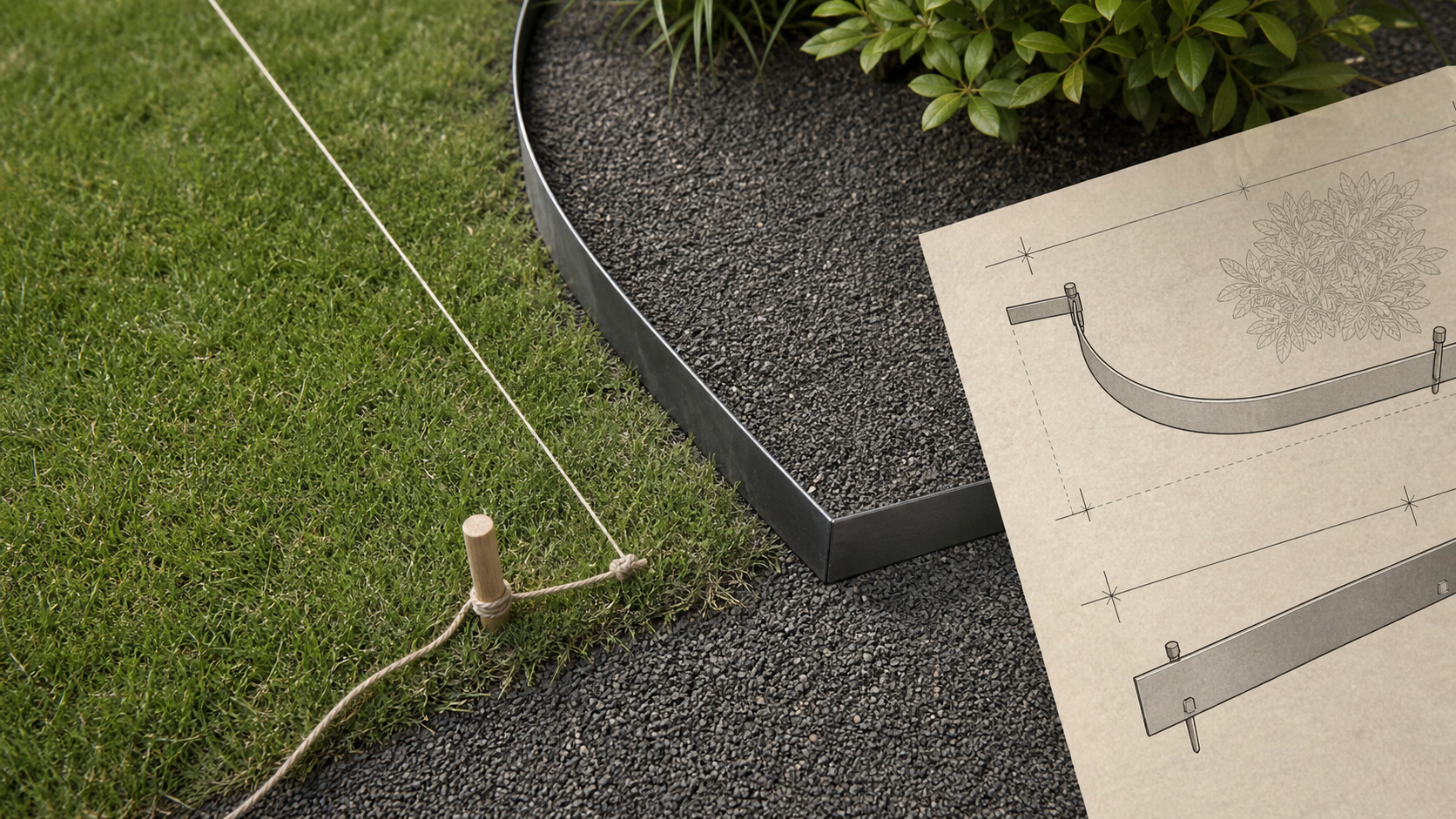 Bordure de jardin en metal en acier : séparation pelouse et gravier, installation autour d’un massif