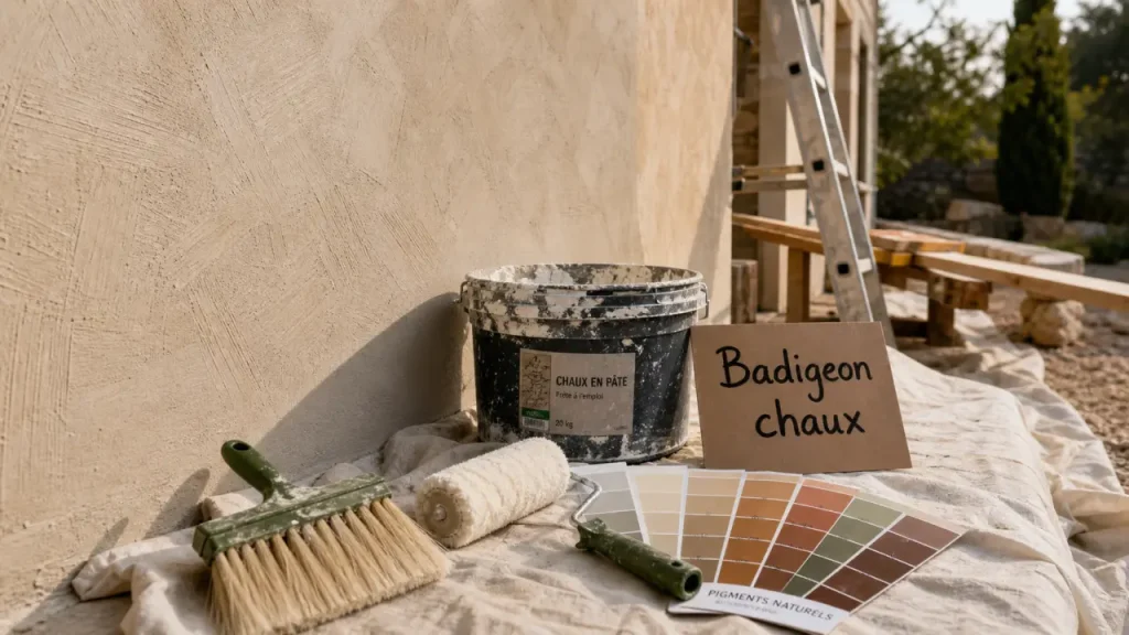 Chaux peinture extérieur : brosse à chaux et façade enduite