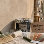 Chaux peinture extérieur : brosse à chaux et façade enduite
