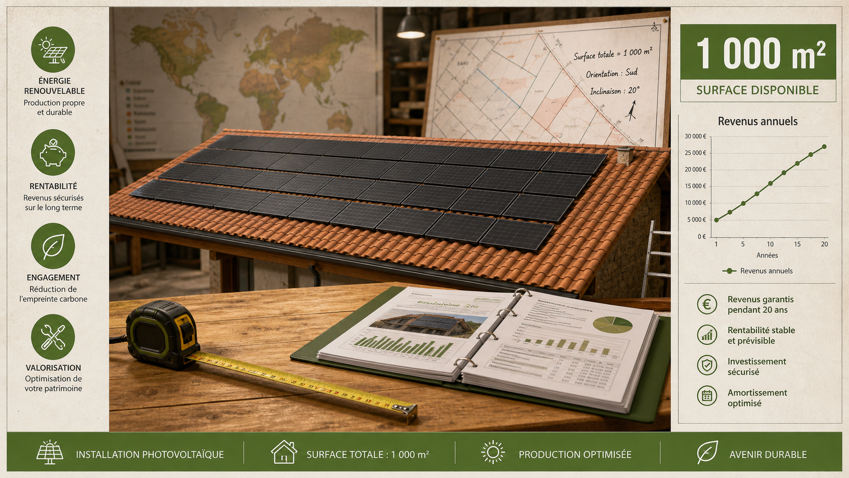 Combien rapporte 1000 m2 de panneau solaire : revenus annuels sur 1 000 m²