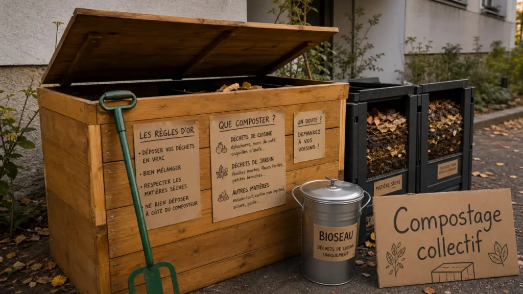 Compostage collectif : composteur partagé en bois et bioseau, règles visibles