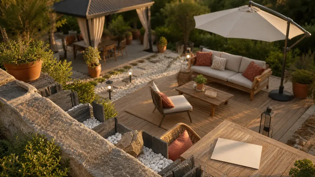 Déco jardin extérieur : bordures en ardoise, graviers et lanternes solaires