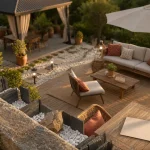 Déco jardin extérieur : bordures en ardoise, graviers et lanternes solaires