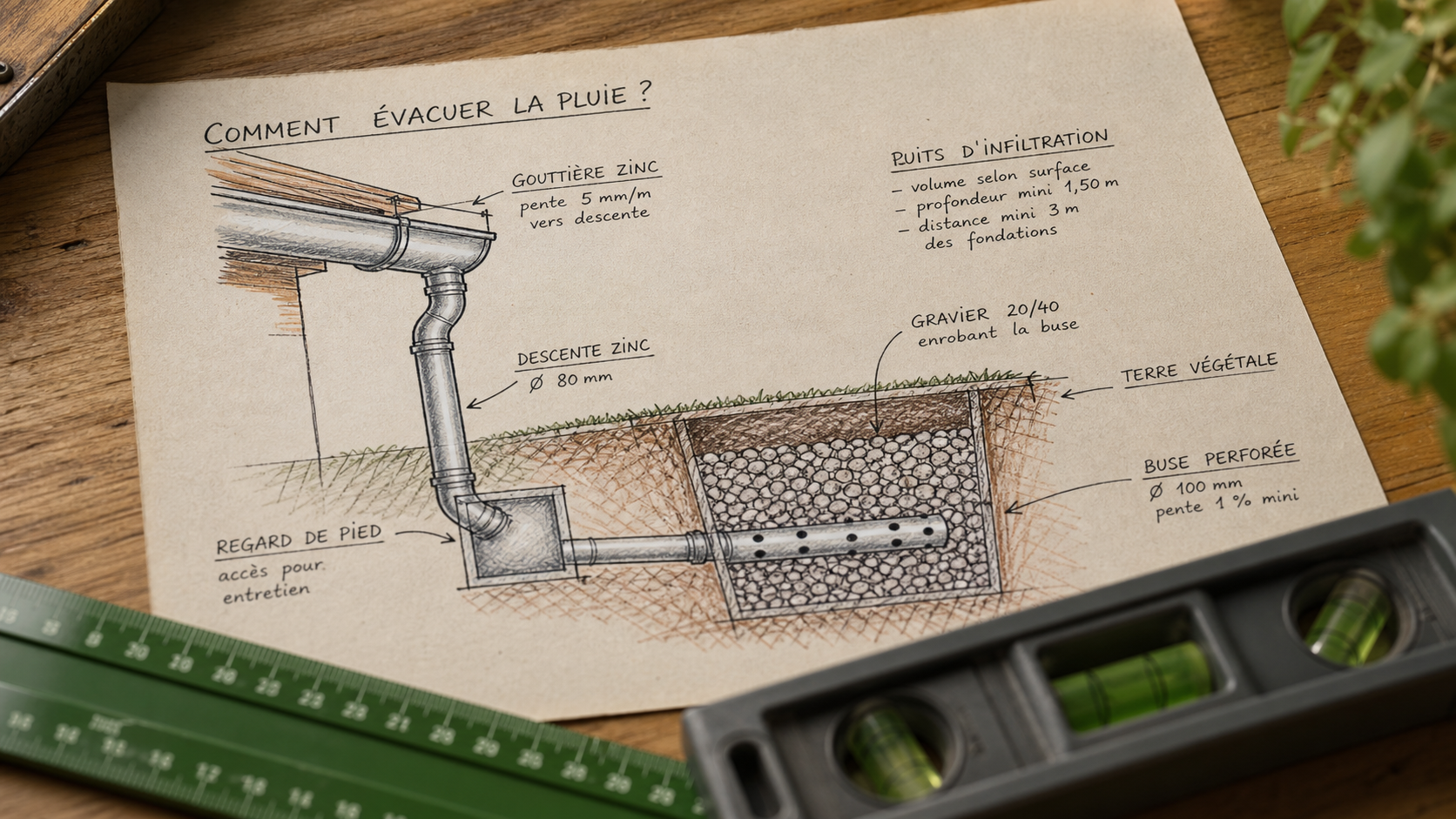 Schéma drainage eau de pluie gouttière et infiltration