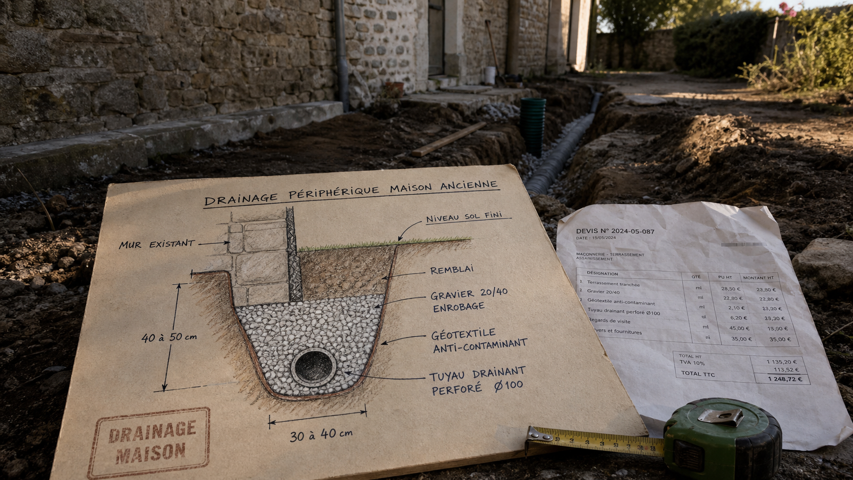 Drainage maison ancienne prix : coupe du drainage