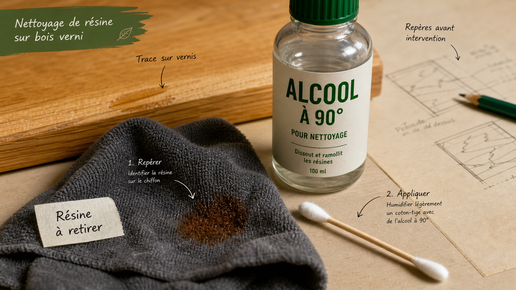 Enlever des taches de resine sur tissu et bois avec alcool à 90°