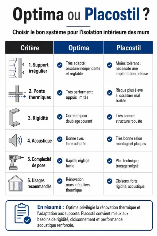 Infographie comparative Optima Placostil sur l’isolation intérieure des murs