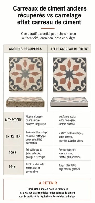 Comparatif entre carrelage en ciment ancien et carrelage effet carreau de ciment pour projet de rénovation.