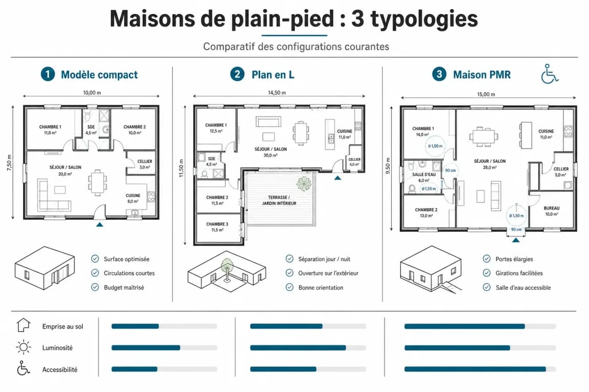Comparatif des modèles de plan maison plain-pied 2 chambres : compact, en L et PMR