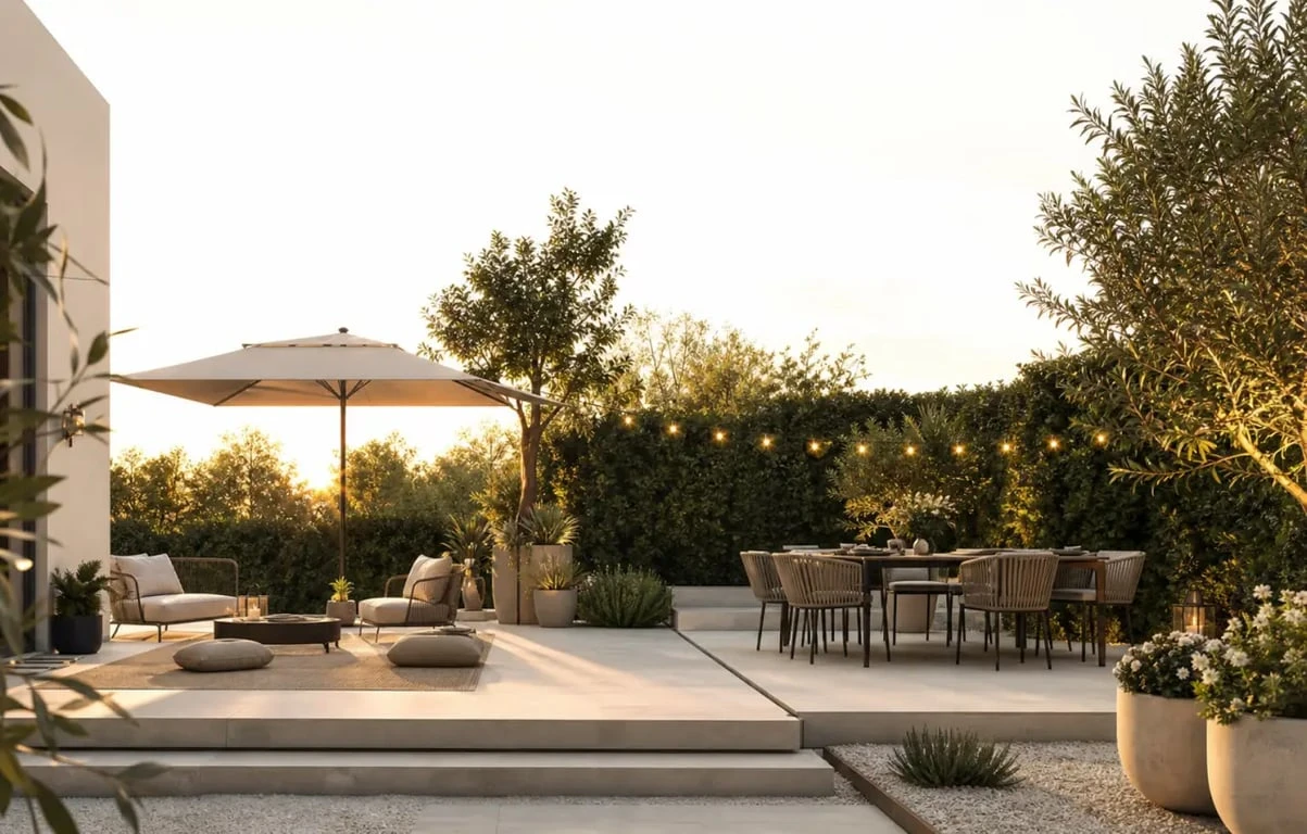 Déco jardin extérieur : inspiration de terrasse harmonieuse avec éclairage, pots, bordures minérales et coin détente