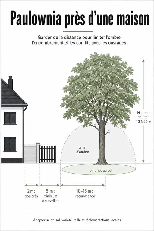 Paulownia distance maison : schéma comparatif des distances recommandées entre l’arbre et une habitation