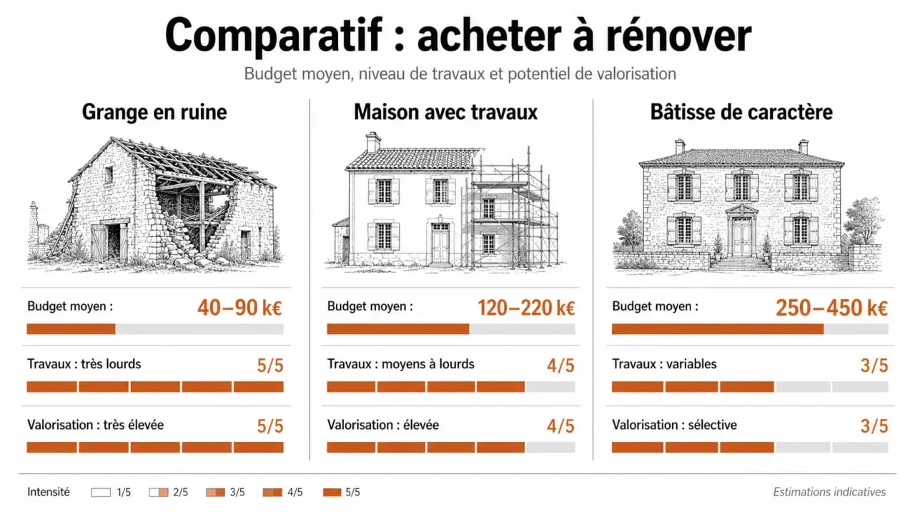 Infographie comparative des types de maisons abandonnées à vendre en PACA : budget, travaux et potentiel.