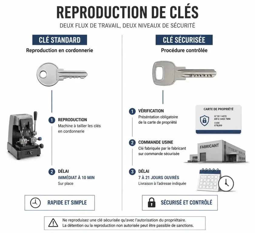 Infographie comparative : reproduction de clé standard vs clé sécurisée avec carte de propriété pour savoir où refaire ses clés