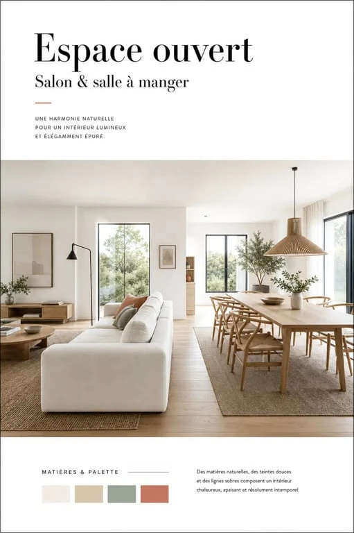 Salon-salle à manger dans la même pièce avec canapé dos à la table, tapis et suspension pour délimiter les zones