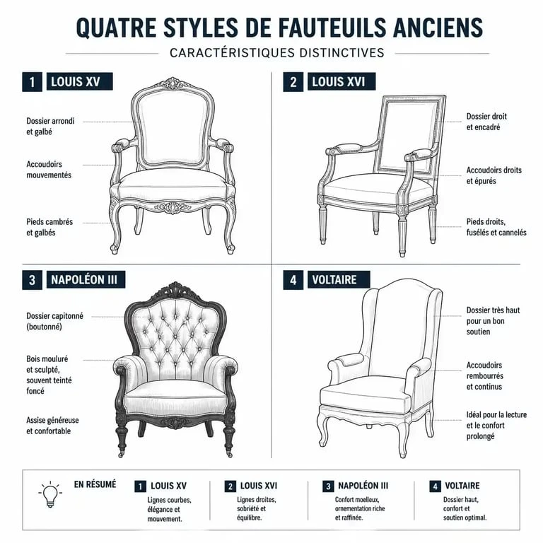Infographie comparative des styles de fauteuils anciens : Louis XV, Louis XVI, Napoléon III et Voltaire pour identifier votre fauteuil ancien.