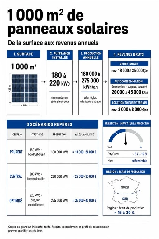 Infographie sur combien rapporte 1000 m2 de panneau solaire avec comparatif des revenus, de la production et du retour sur investissement