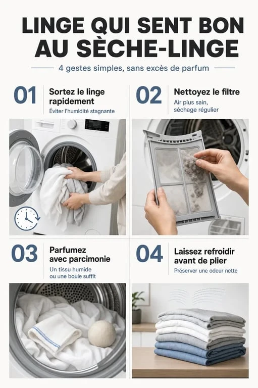 Astuce bonne odeur sèche-linge : illustration des étapes pour parfumer et entretenir le linge