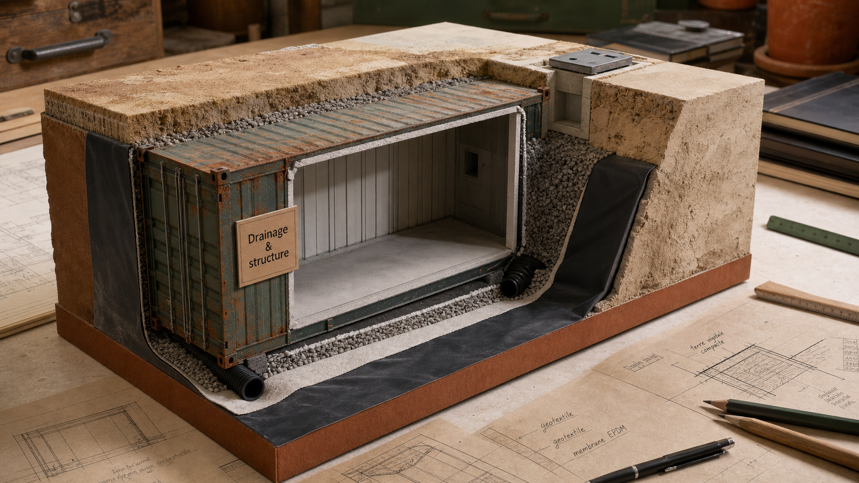 Enterrer un container : drainage et structure visibles