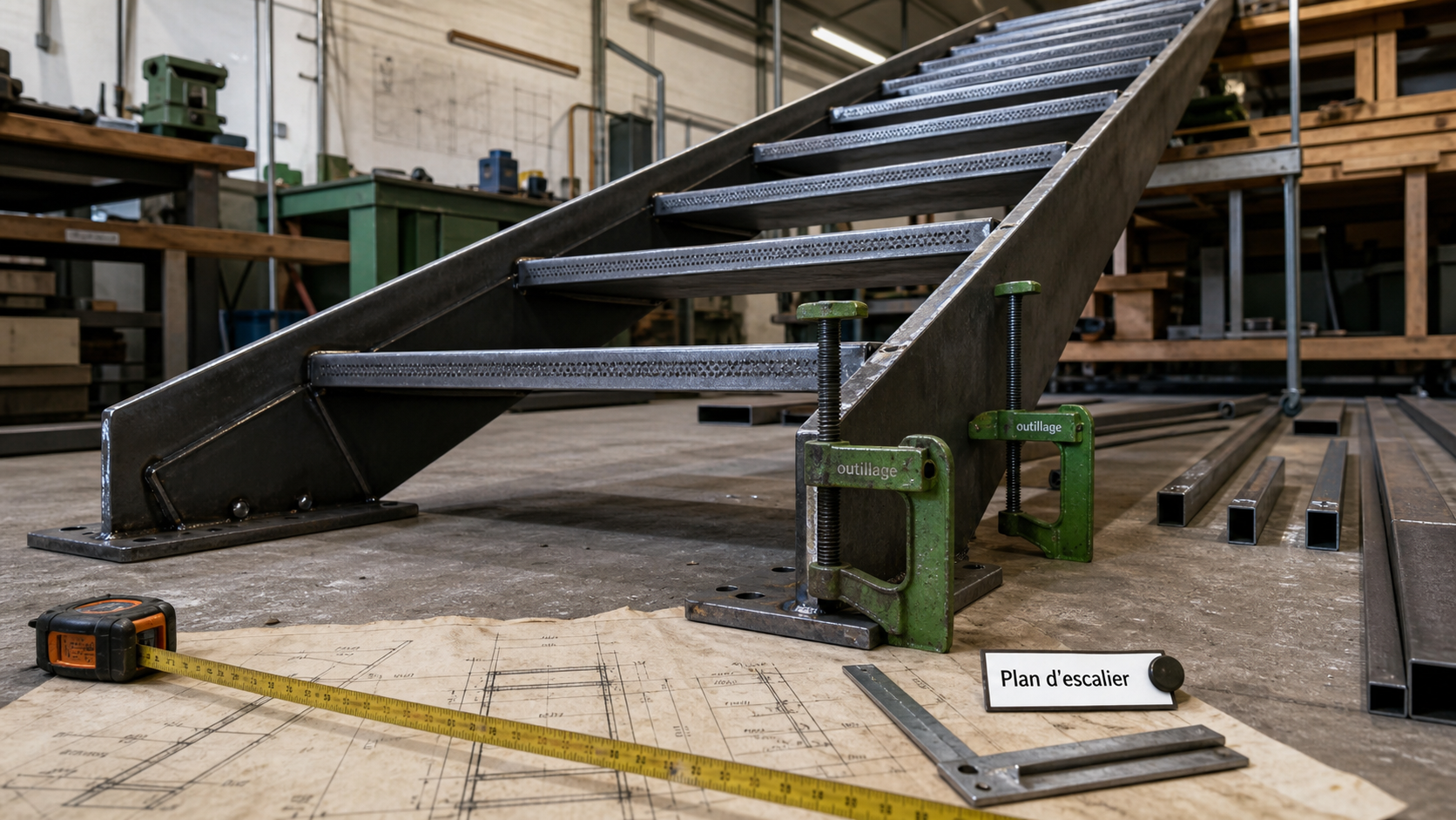 Fabriquer un escalier en metal : escalier métallique en montage à blanc, plan d’escalier