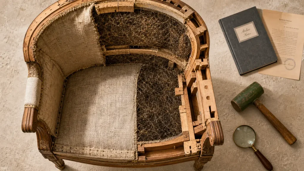 Fauteuil ancien sur table, détails en bois et garniture, identification style et valeur
