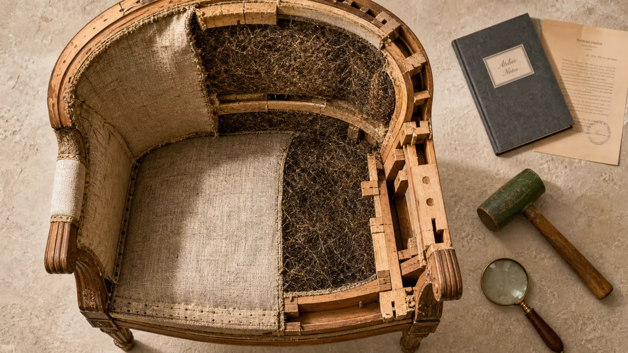 Fauteuil ancien sur table, détails en bois et garniture, identification style et valeur