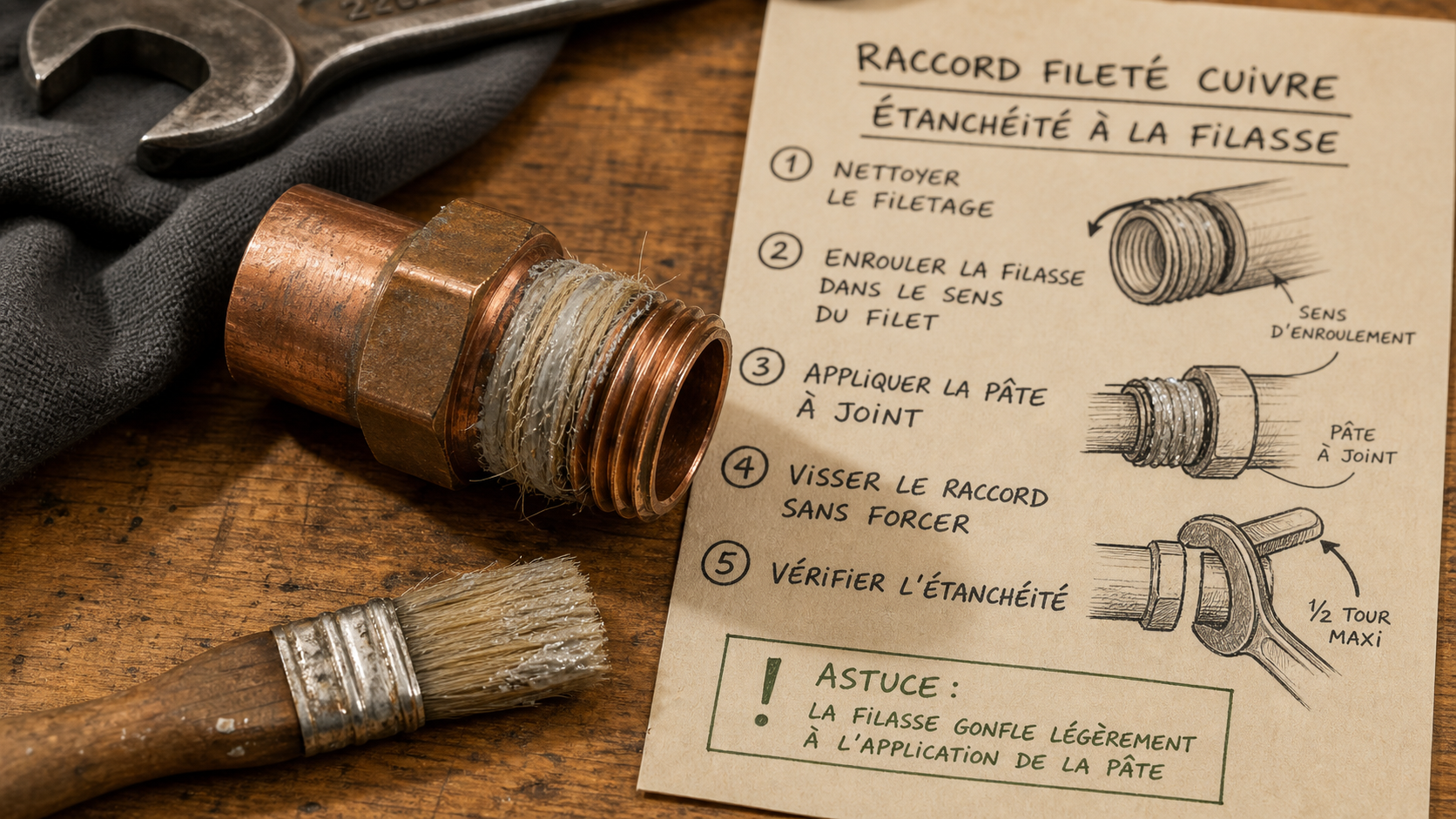 Filasse plomberie sur raccord fileté cuivre, sens d’enroulement anti-fuite