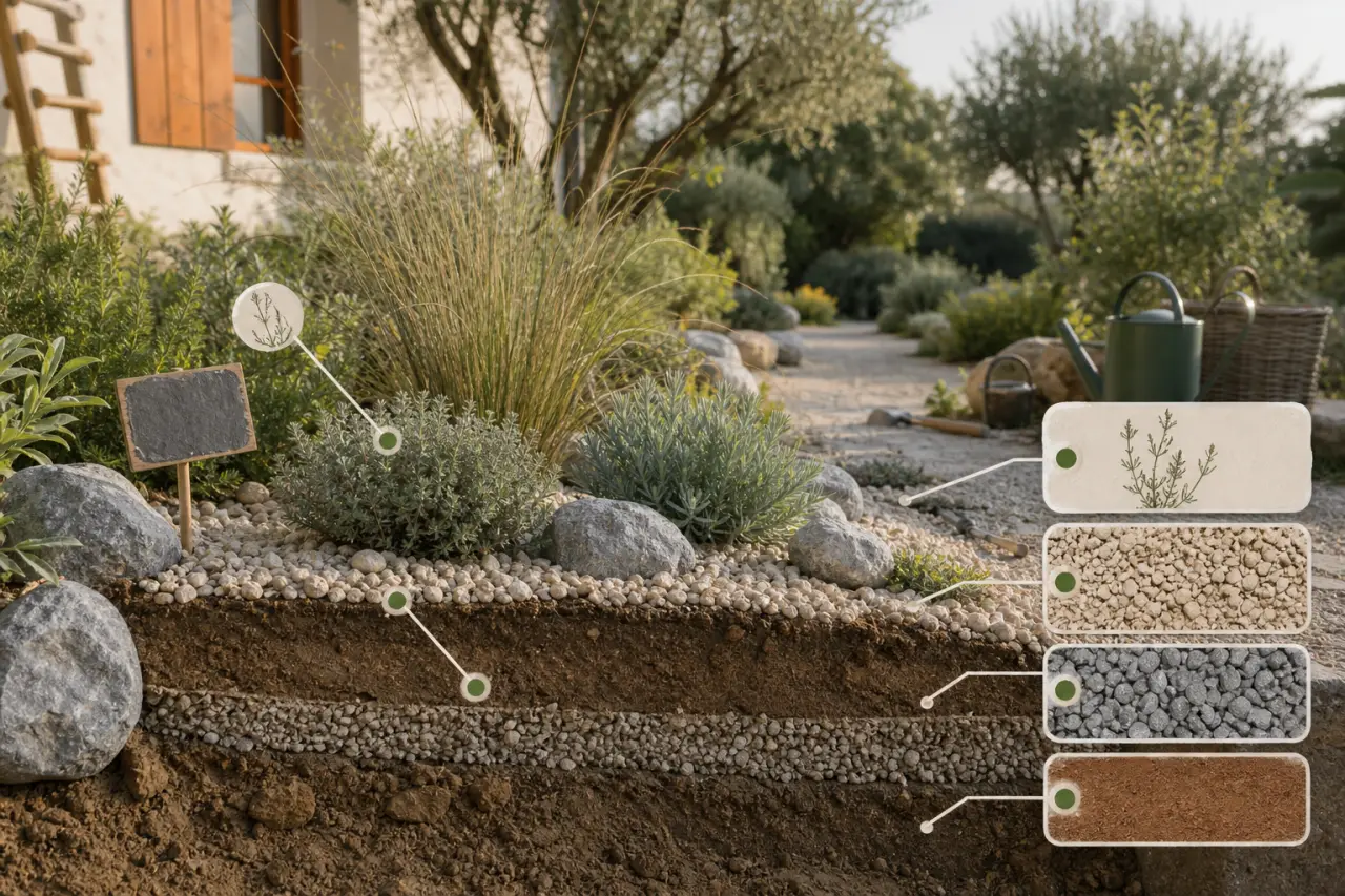 Jardin méditerranéen sans entretien : sol paillé et plantes sobres