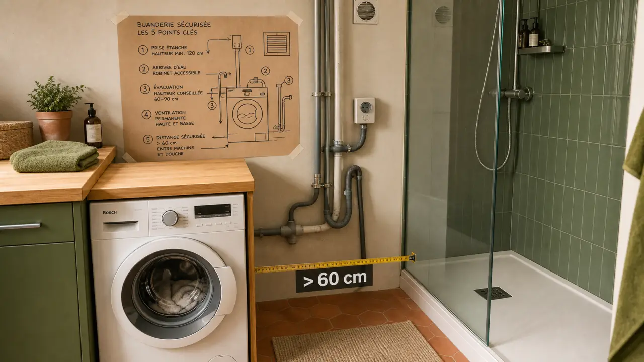 Lave linge salle de bain avec espace de 60 cm et normes NF C 15-100