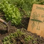 Lutter contre les mauvaises herbes naturellement : main gantée arrachant les adventices, paillage du potager