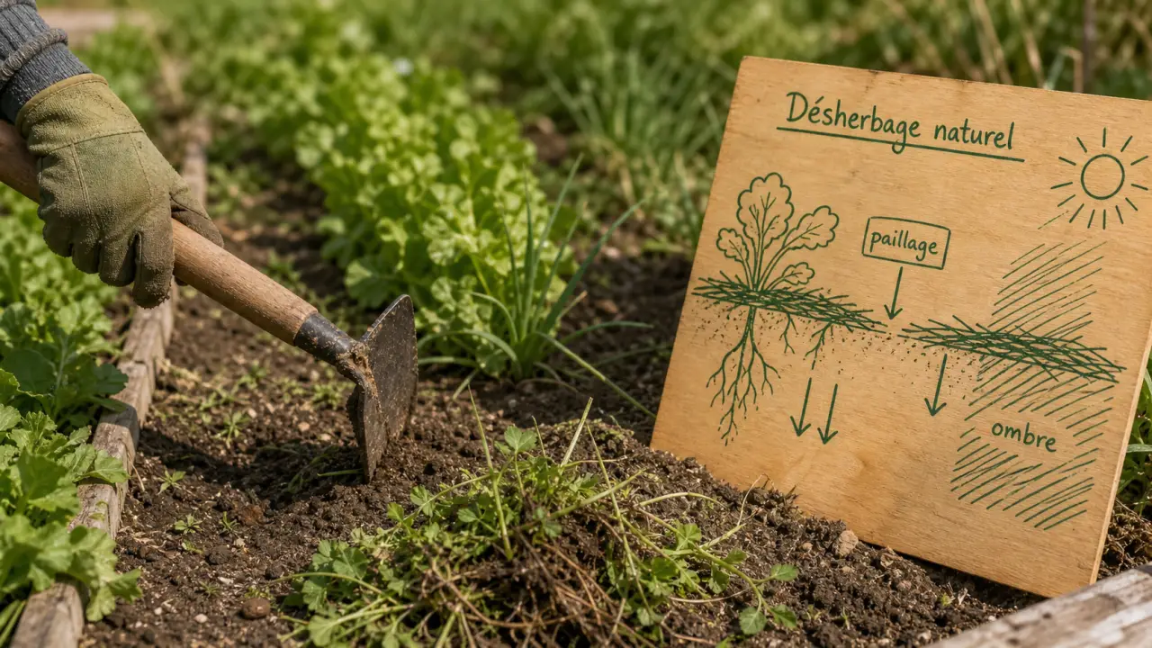 Lutter contre les mauvaises herbes naturellement : main gantée arrachant les adventices, paillage du potager