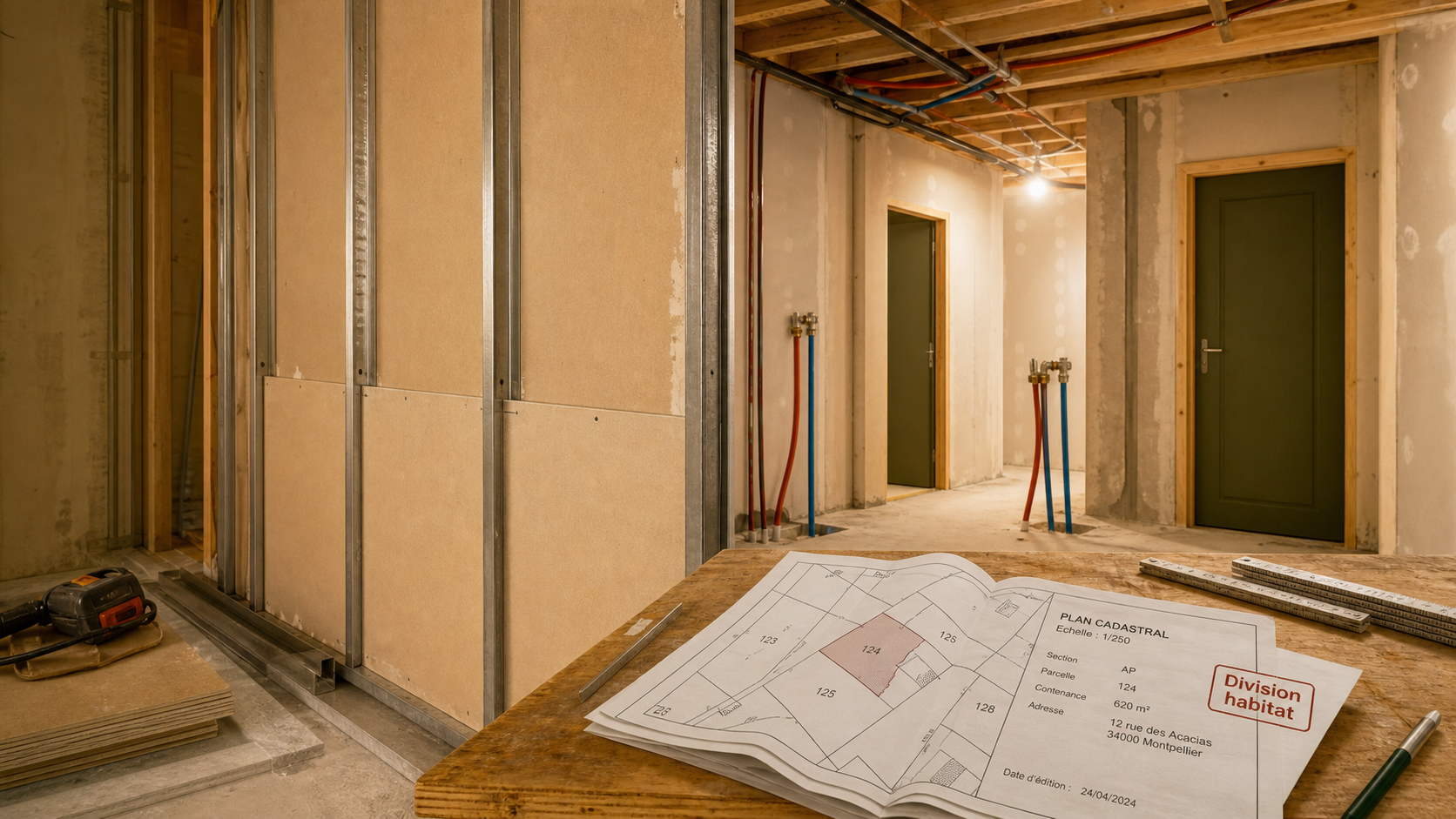 Maison divisée en 2 logements : cloison placo et plan cadastral