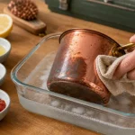 Nettoyer le cuivre sans frotter : casserole en cuivre terni nettoyée avec vinaigre et microfibre
