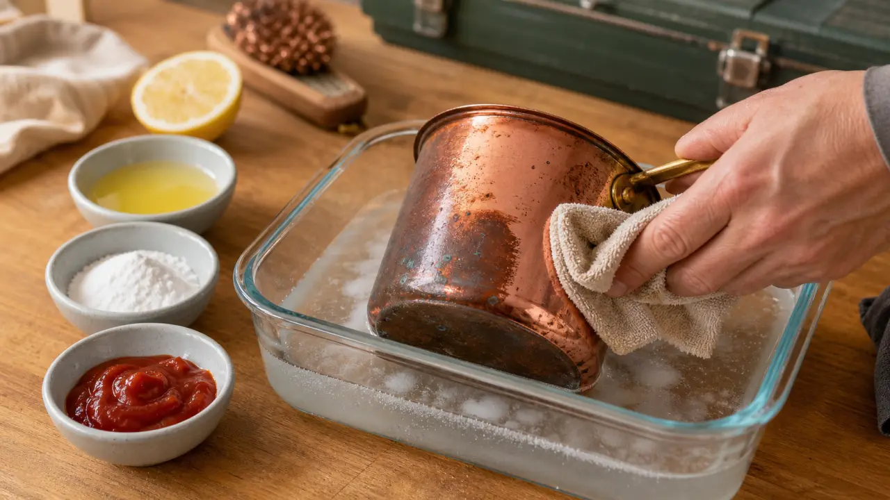 Nettoyer le cuivre sans frotter : casserole en cuivre terni nettoyée avec vinaigre et microfibre