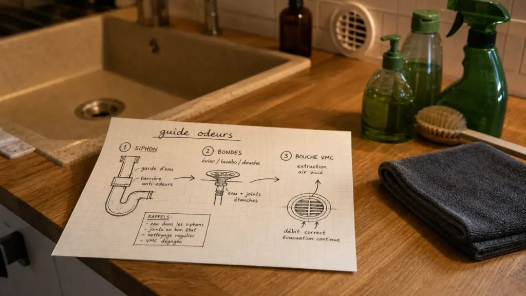 Odeur maison introuvable : schéma pour trouver la source (égout, moisi, brûlé)