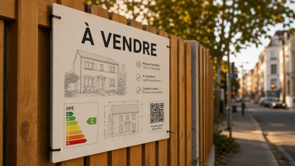 Panneau immobilier A2 avec prix, DPE et matériaux