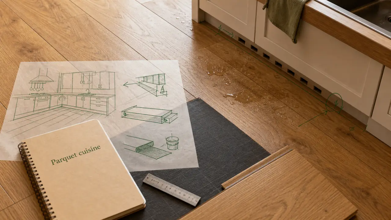 Parquet flottant dans une cuisine, pose flottante près de l’évier